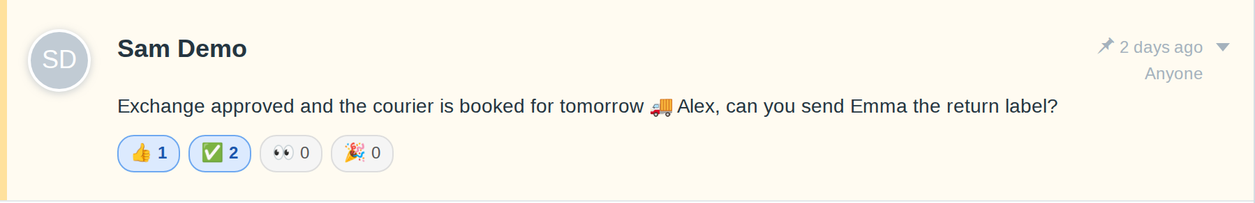 MFS Essentials note reactions in FreeScout: thumbs up and check mark on an internal note