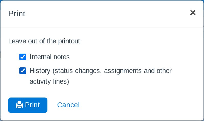 The MFS Print options window: leave out internal notes and history