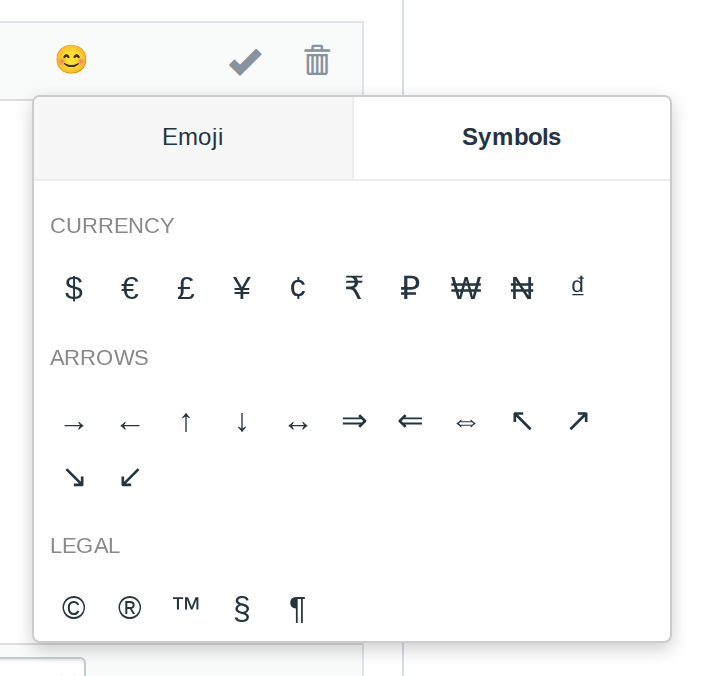 MFS Essentials symbol picker with currency signs, arrows and typographic characters