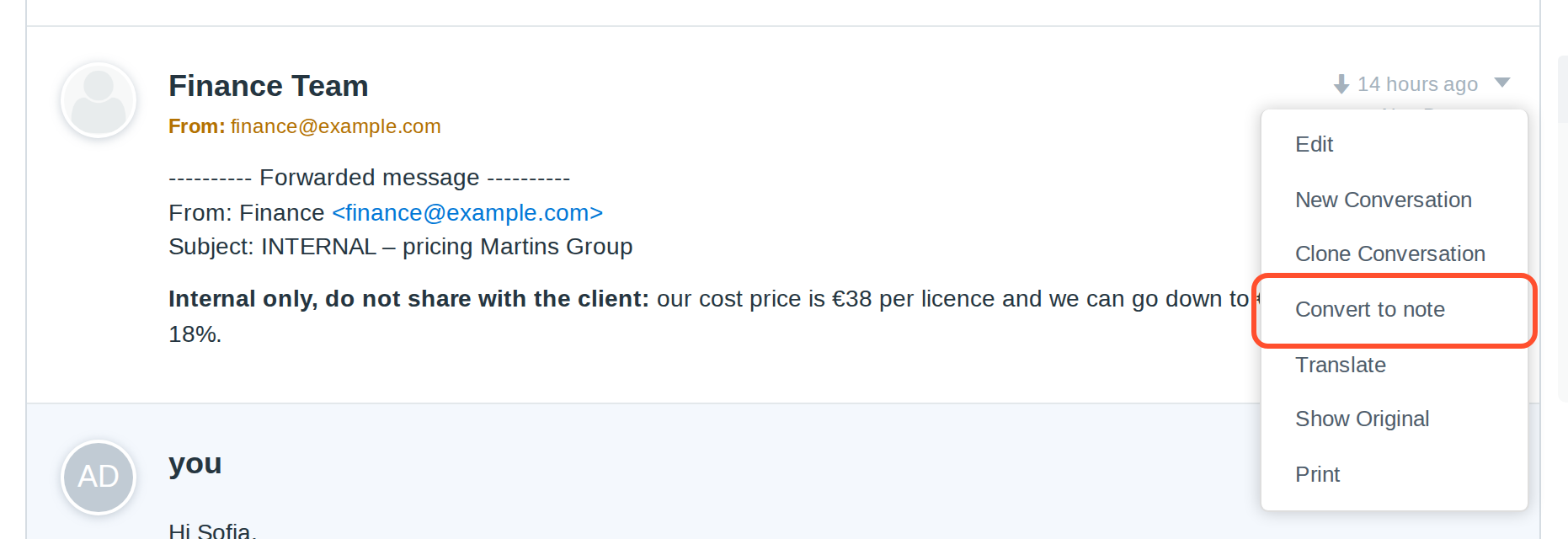 Convert to note in the menu of an email in FreeScout