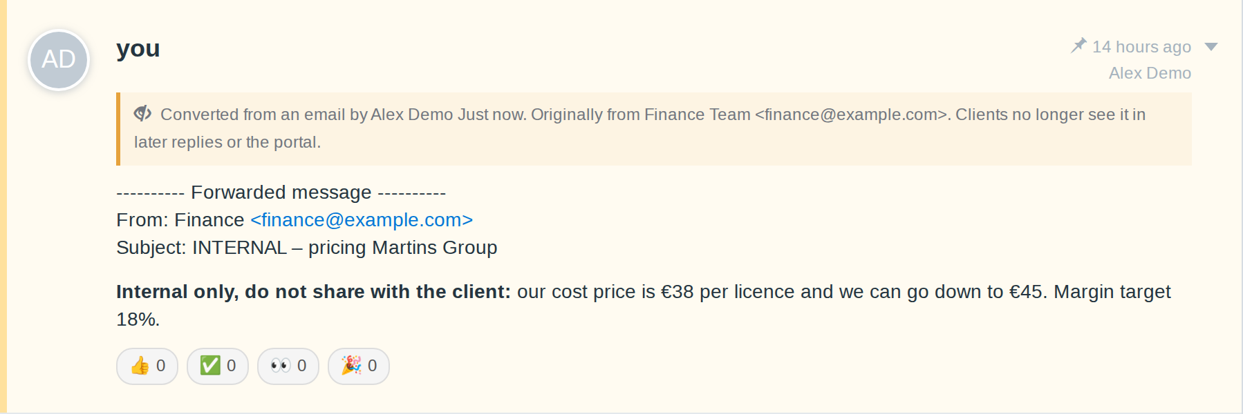 Converted email shown as an internal note with a banner naming the original sender