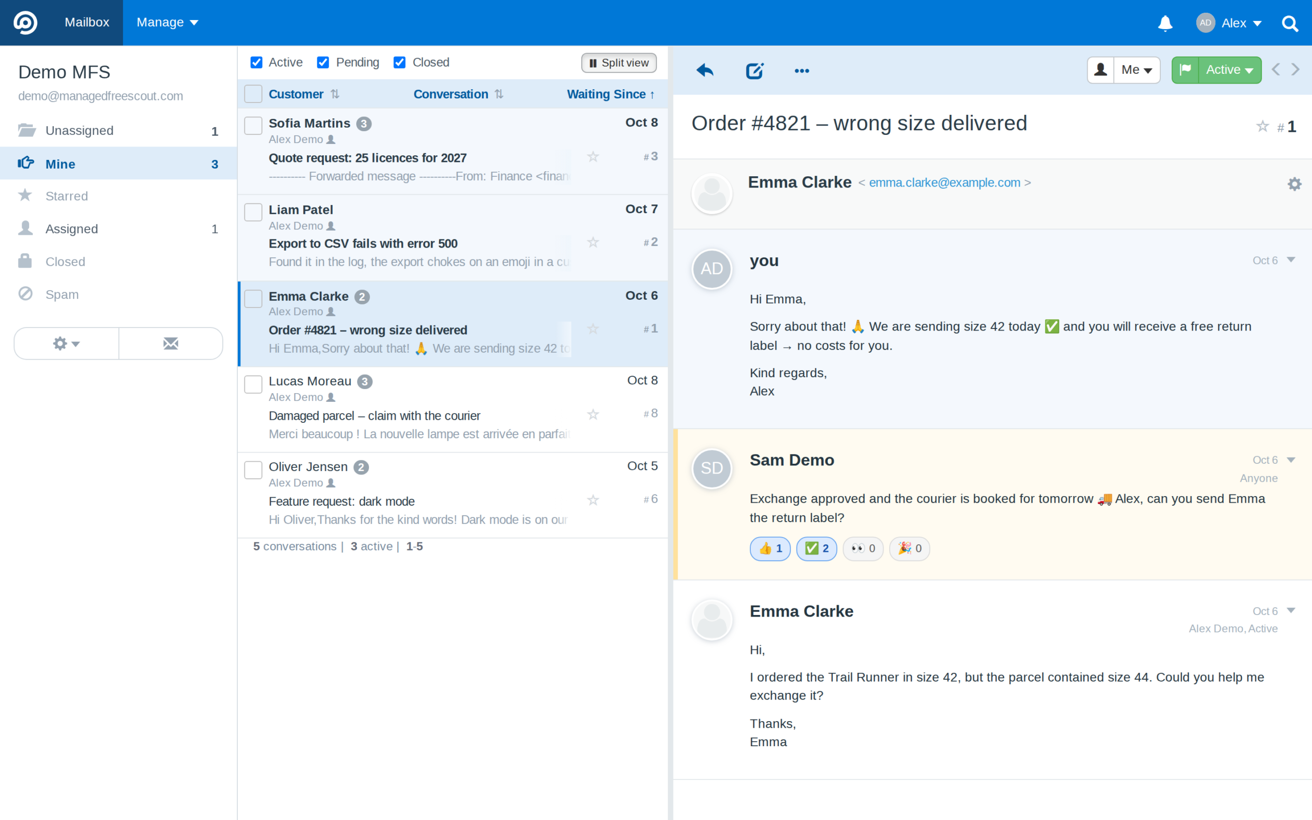 Split view in FreeScout: the ticket list on the left, the conversation on the right