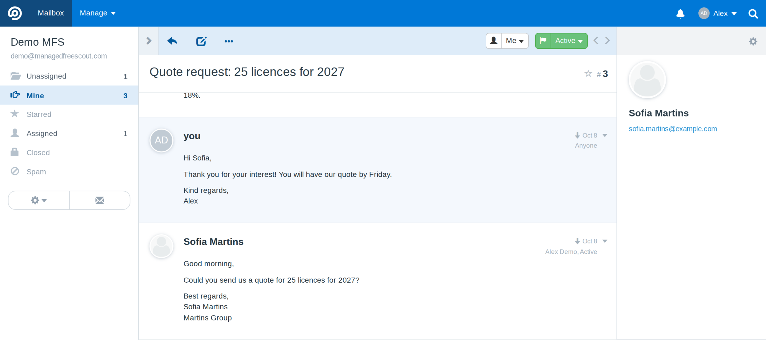 A FreeScout conversation scrolled down, with the toolbar and title still at the top