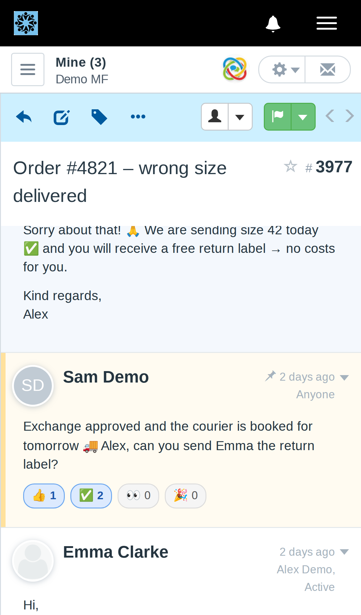 Note reactions in FreeScout on a mobile phone