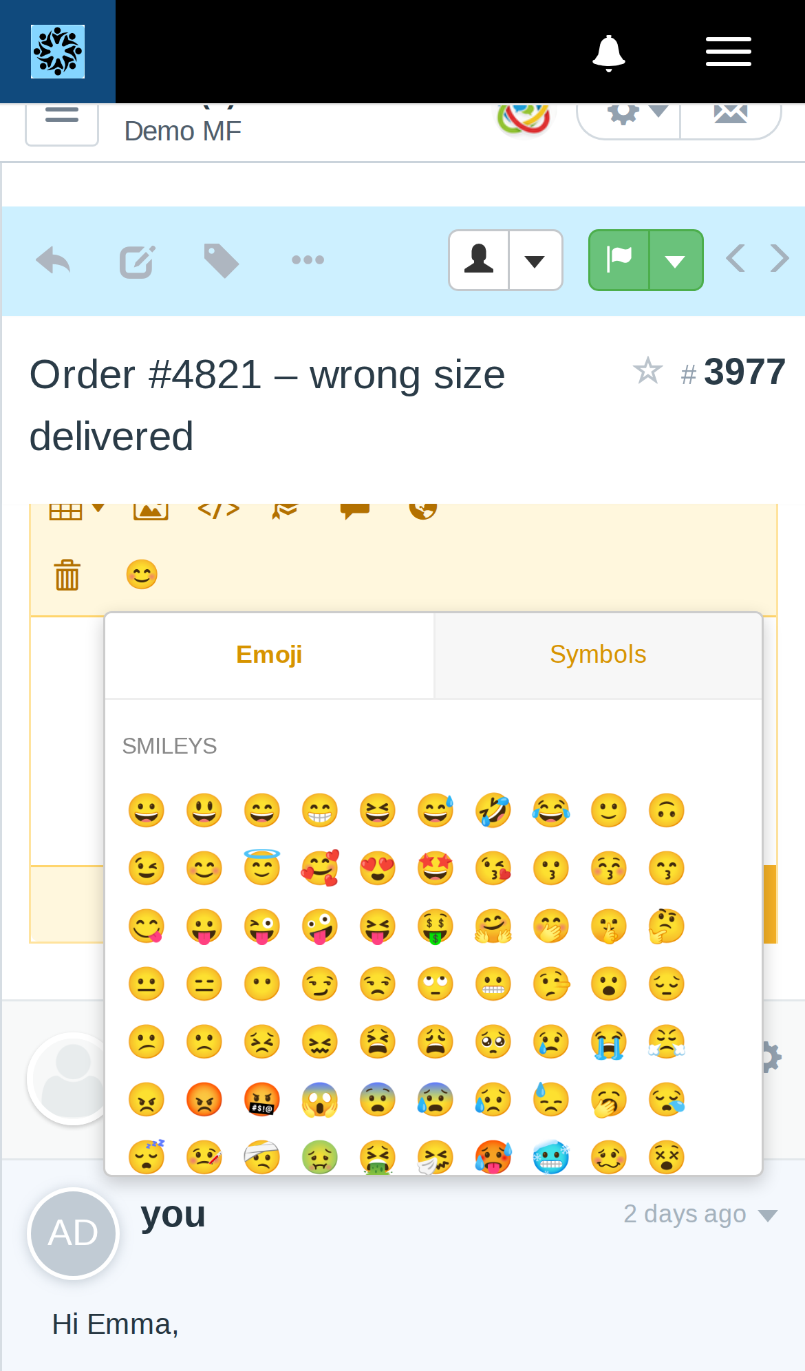 Emoji picker in the FreeScout note editor on a mobile phone