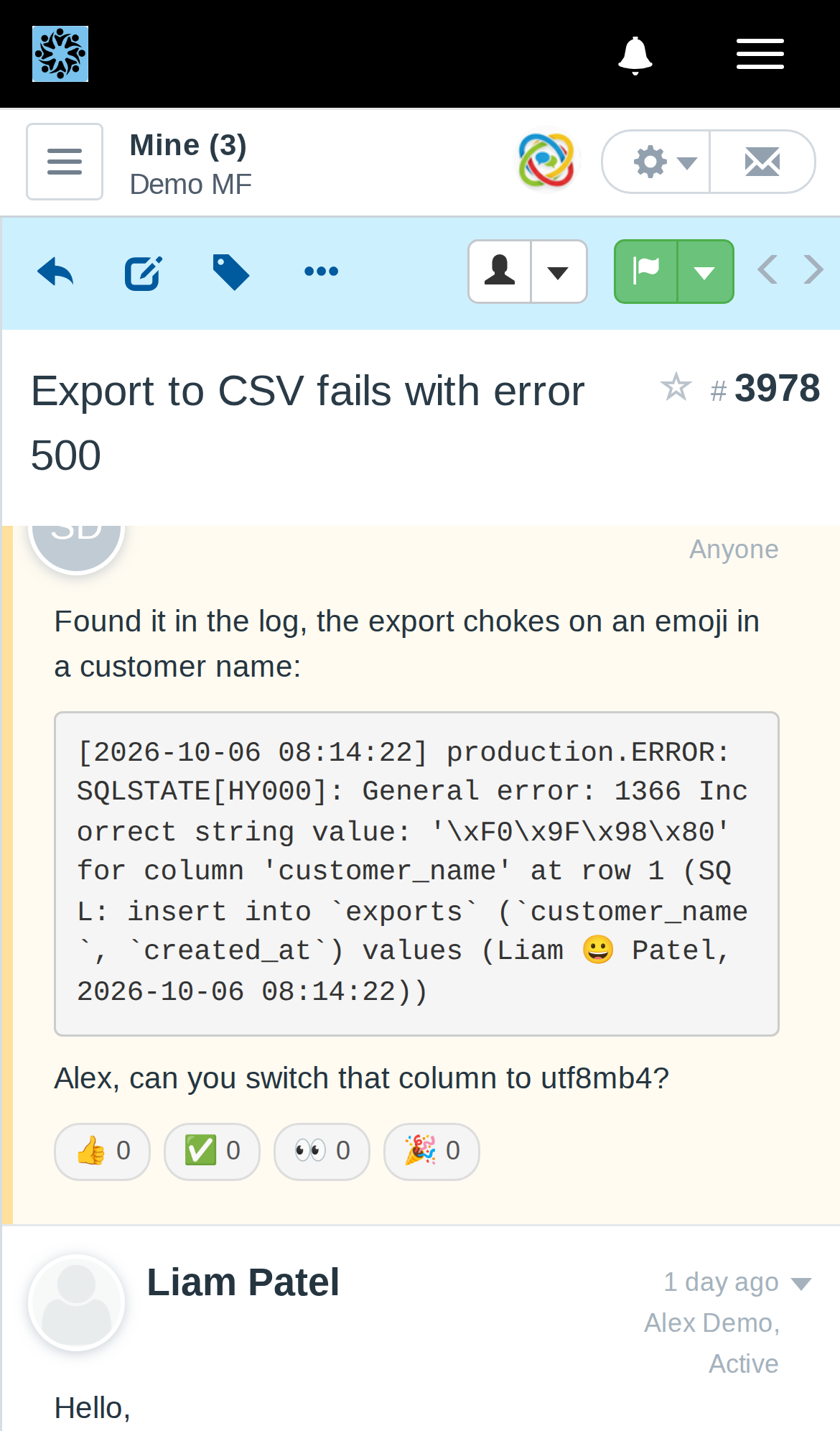 Wrapped code block in FreeScout on a mobile phone