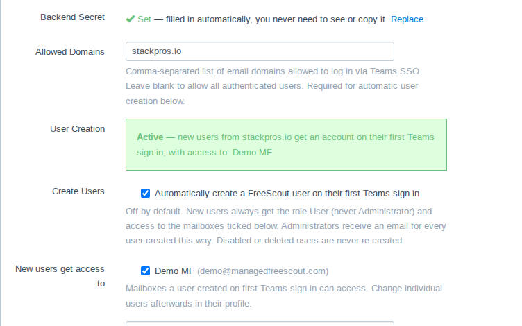 MFS Connect settings: allowed domains and automatic user creation