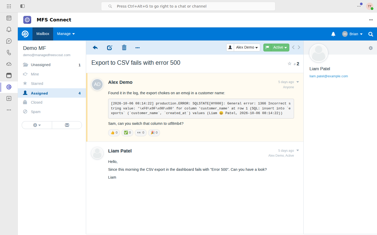 A FreeScout conversation in the MFS Connect tab in Microsoft Teams
