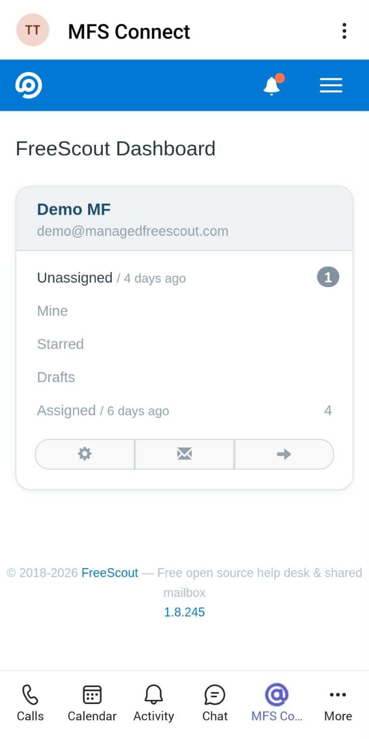 MFS Connect in the Teams mobile app: the FreeScout dashboard on a phone
