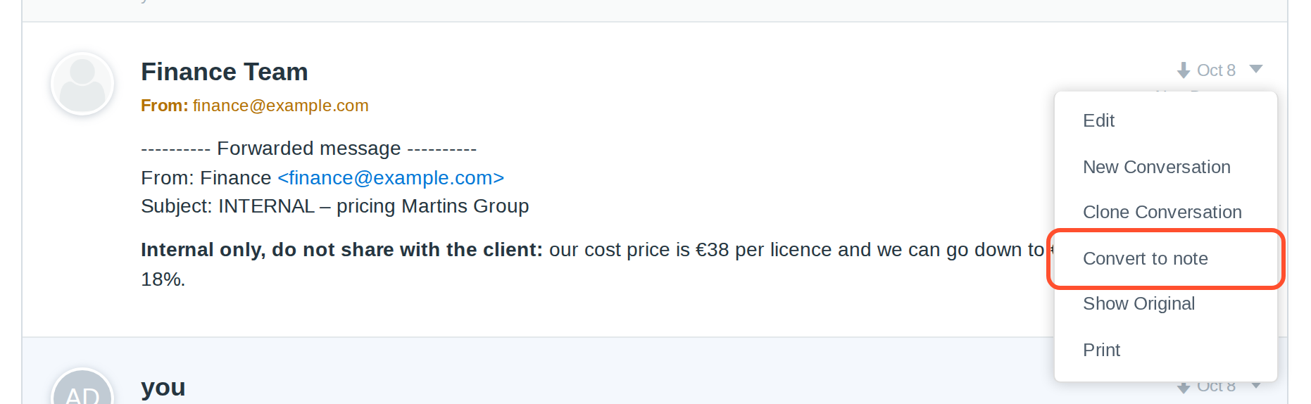 The email menu with Convert to note