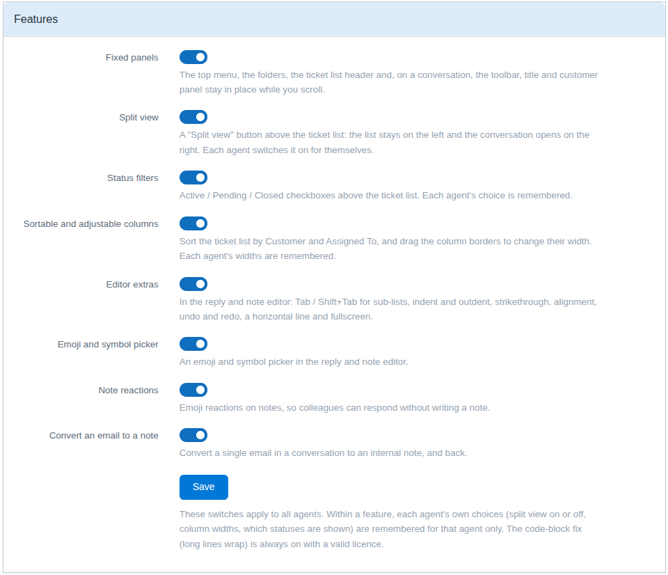 The Features panel on the MFS Essentials settings page