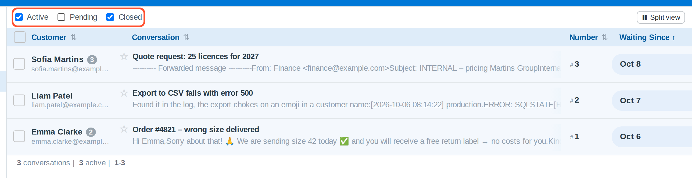 Status filters above the ticket list, with Pending hidden