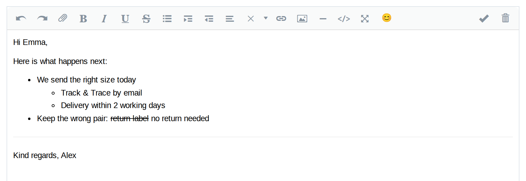 The reply editor with a sub-list, strikethrough and a line