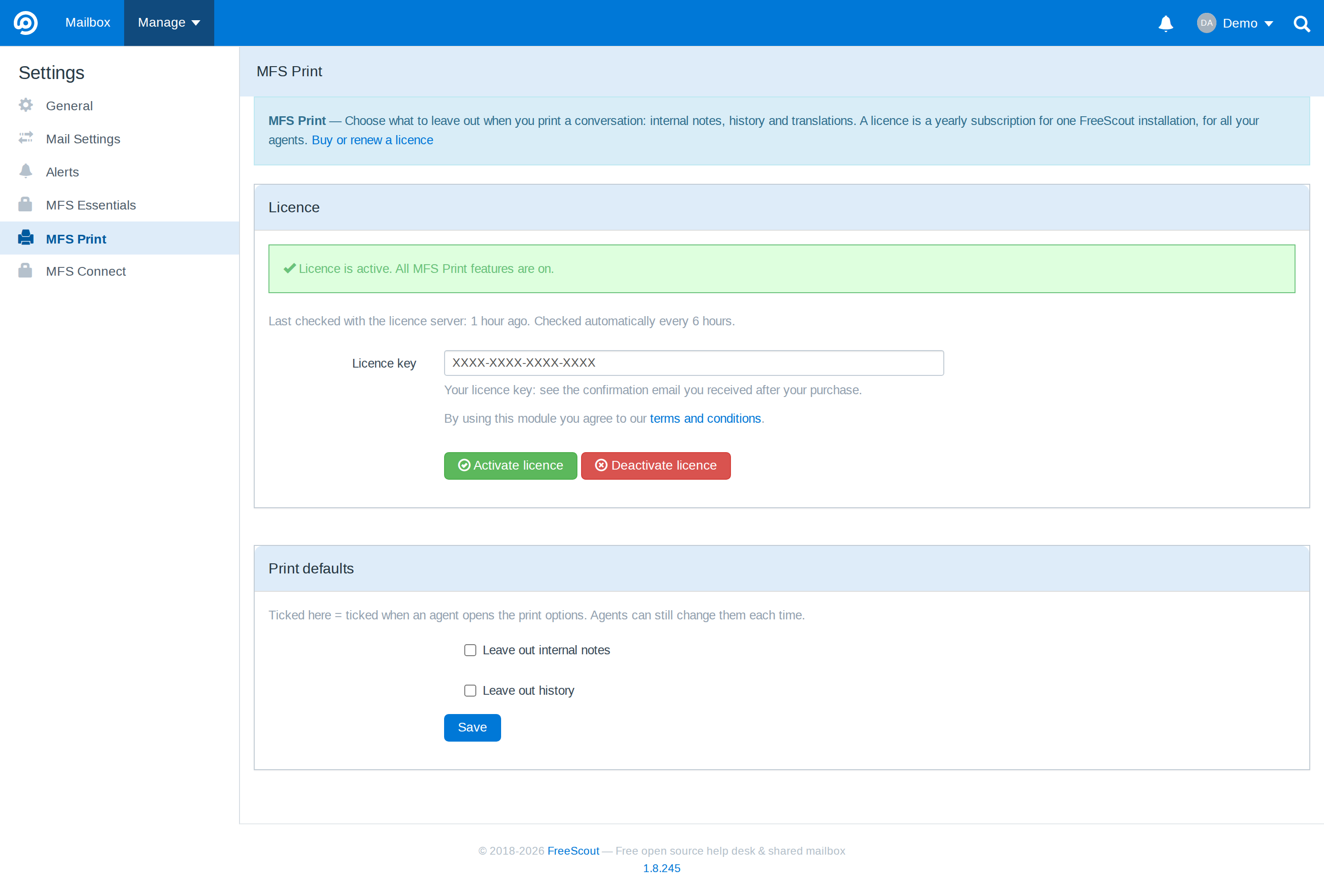 The MFS Print settings page with licence and print defaults
