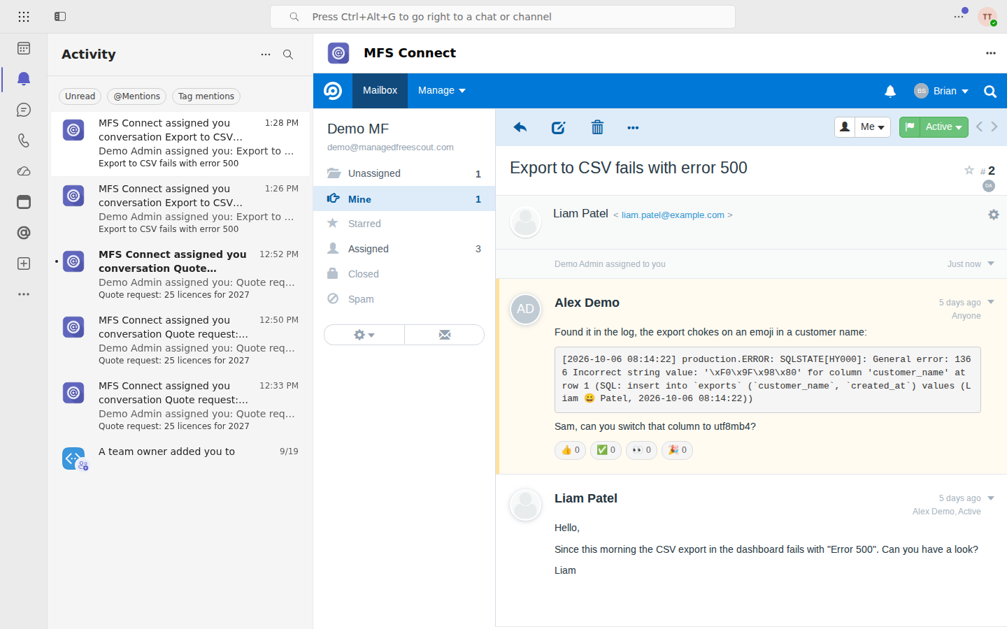 Clicking a notification opens the conversation inside MFS Connect