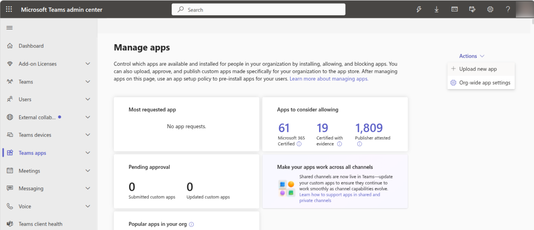 Teams Admin Center, Manage apps, with the Actions menu open